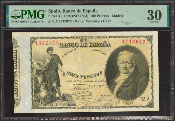 2014 - 100 Pesetas. 1 de Junio de 1889. Serie A. (Edifil 2023: 299, Pick: 41). Muy raro, reparado. MBC+. Encapsulado PMG30 (repaired). - 1.000€