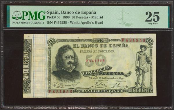 2016 - 50 Pesetas. 25 de Noviembre de 1899. Serie F. (Edifil 2023: 307a, Pick: 50). Raro en esta conservación, especialmente sin ningún tipo de reparaciones. MBC+. Encapsulado PMG25. - 800€