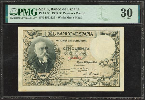 2017 - 50 Pesetas. 19 de Marzo de 1905. Sin serie. (Edifil 2023: 312, Pick: 56). Raro, mínimamente reparado. MBC+. Encapsulado PMG30 (minor restoration). - 750€