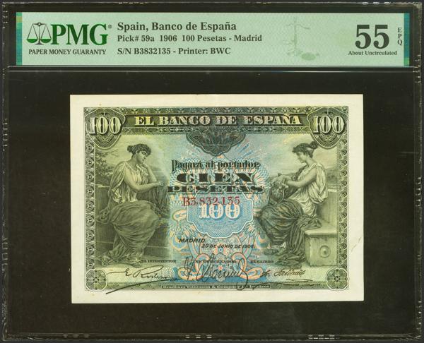 2020 - 100 Pesetas. 30 de Junio de 1906. Serie B. (Edifil 2023: 313a, Pick: 59a). Apresto original. EBC++. Encapsulado PMG55EPQ. - 300€