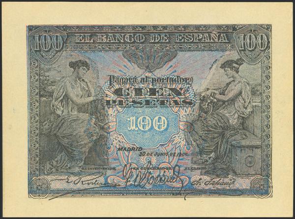 2021 - 100 Pesetas. 30 de Junio de 1906. Falso Epoca. Sin serie. (Edifil 2023: 313F, Cobo: 32). Muy raro, con los márgenes sin ajustar "recién salido de imprenta". SC-. - 75€