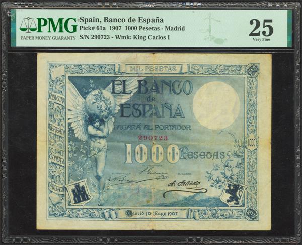 2025 - 1000 Pesetas. 10 de Mayo de 1907. Sin serie. (Edifil 2023: 317, Pick: 61a). Raro, especialmente sin ninguna reparación. MBC. Encapsulado PMG25. - 1.650€