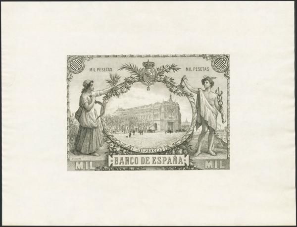 2032 - 1000 Pesetas. 23 de Mayo de 1915. Prueba calcográfica de fondo de estado del reverso de un billete No Emitido. (Edifil 2023: NE17Pa). Extraoridnarimente rara. SC-. - 2.200€