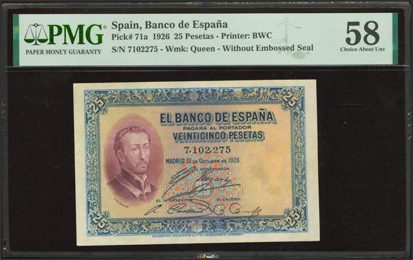2038 - 25 Pesetas. 12 de Octubre de 1926. Sin serie. (Edifil 2023: 325, Pick: 71a). Raro. EBC+. Encapsulado PMG58. - 250€