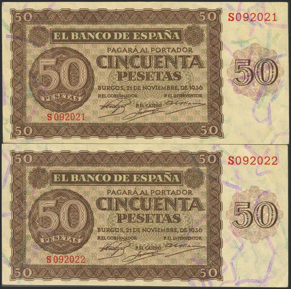 2224 - 50 Pesetas. 21 de Noviembre de 1936. Pareja correlativa. Serie S, última serie emitida. (Edifil 2023: 420b). Rarísima pareja, conserva gran parte de su apresto original. EBC+. - 350€