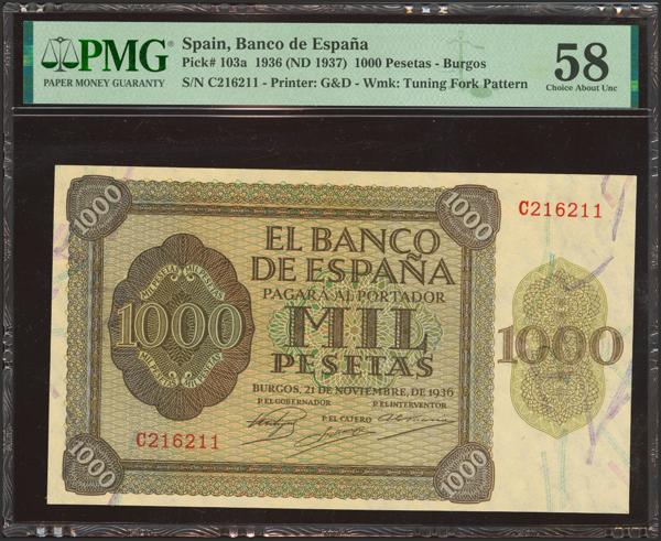 2235 - 1000 Pesetas. 21 de Noviembre de 1936. Serie C, última serie emitida. (Edifil 2023: 423b, Pick: 103a). Muy raro en esta calidad. EBC++. Encapsulado PMG58. - 600€