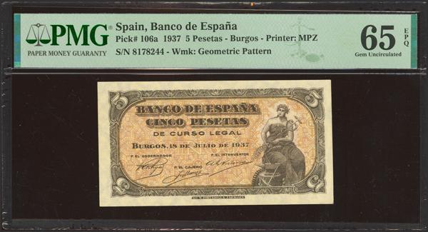 2238 - 5 Pesetas. 18 de Julio de 1937. Sin serie. (Edifil 2023: 424, Pick: 106a). Raro en esta excepcional calidad, apresto original. SC. Encapsulado PMG65EPQ. - 375€