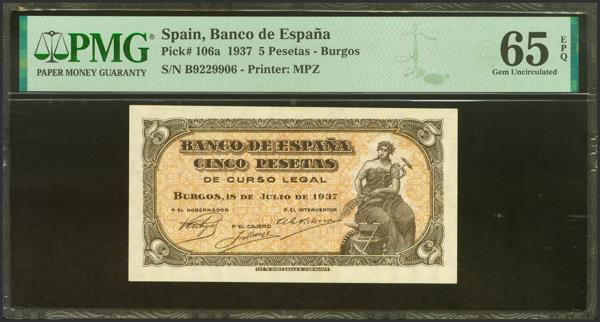 2240 - 5 Pesetas. 18 de Julio de 1937. Serie B. (Edifil 2023: 424a, Pick: 106a). Inusual en esta calidad, apresto original. SC. Encapsulado PMG65EPQ. - 250€