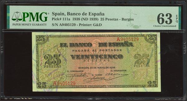 2282 - 25 Pesetas. 20 de Mayo de 1938. Serie A. (Edifil 2023: 430, Pick: 111a). Apresto original. SC. Encapsulado PMG63EPQ. - 175€