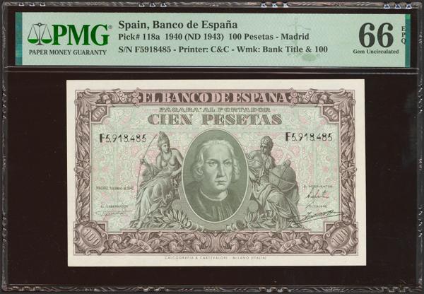 2322 - 100 Pesetas. 9 de Enero de 1940. Serie F. (Edifil 2023: 438a, Pick: 118a). Muy raro en esta excepcional calidad, apresto original. SC. Encapsulado PMG66EPQ. - 250€