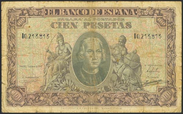 2325 - 100 Pesetas. 9 de Enero de 1940. Serie I, utilizada en la Guinea Española, antes de su independencia. (Edifil 2023: 438b). Extraordinariamente rara serie. BC - 175€