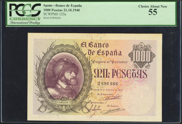 2354 - 1000 Pesetas. 21 de Octubre de 1940. Sin serie. (Edifil 2023: 445, Pick: 125). Inusual en esta calidad. EBC+. Encapsulado PCGS55. - 400€
