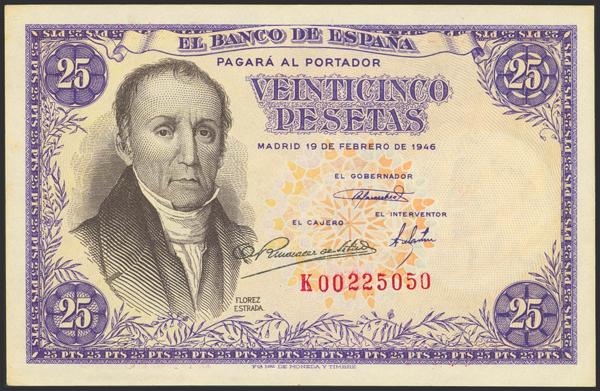 2421 - 25 Pesetas. 19 de Febrero de 1946. Serie K, última serie emitida. (Edifil 2023: 450b). Muy rara serie, conserva parte de su apresto original. EBC. - 75€