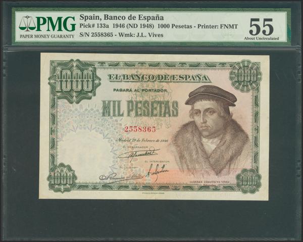 2427 - 1000 Pesetas. 19 de Febrero de 1946. Sin serie. (Edifil 2021: 453). Raro así. EBC+. Encapsulado PMG55. - 575€