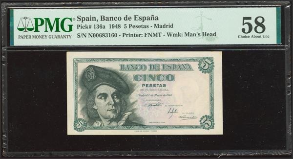 2446 - 5 Pesetas. 5 de Marzo de 1948. Serie N, última serie emitida. (Edifil 2023: 455b, Pick: 136a). Muy raro. EBC++. Encapsulado PMG58. - 150€