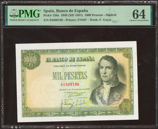 2471 - 1000 Pesetas. 4 de Noviembre de 1949. Sin serie. (Edifil 2023: 458, Pick: 138a). Rarísimo en esta excepcional calidad. SC. Encapsulado PMG64. - 750€
