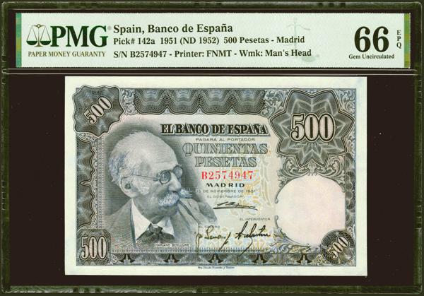 2484 - 500 Pesetas. 15 de Noviembre de 1951. Serie B. (Edifil 2021: 460a, Pick: 142a). Rarísimo en esta excepcional calidad, apresto original. SC. Encapsulado PMG66EPQ. - 400€