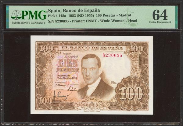 2514 - 100 Pesetas. 7 de Abril de 1953. Sin serie. (Edifil 2023: 464, Pick: 145a). Inusual en esta excepcional calidad. SC. Encapsulado PMG64. - 175€
