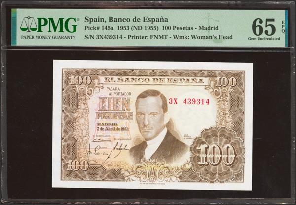 2522 - 100 Pesetas. 7 de Abril de 1953. Serie 3X, última serie emitida. (Edifil 2023: 464e, Pick: 145a). Raro en esta excepcional calidad, apresto original. SC. Encapsulado PMG65EPQ. - 225€