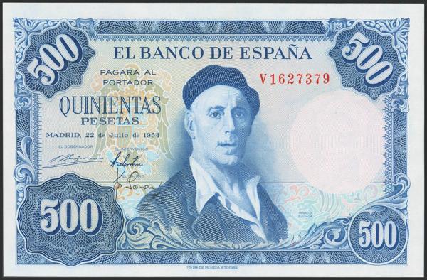 2556 - 500 Pesetas. 22 de Julio de 1954. Serie V, última serie emitida. (Edifil 2023: 468c). Apresto original. SC. - 125€
