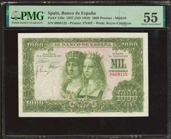 2557 - 1000 Pesetas. 29 de Noviembre de 1957. Sin serie y numeración baja. (Edifil 2023: 469, Pick: 149a). EBC+. Encapsulado PMG55. - 200€