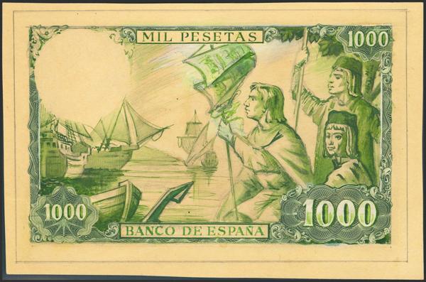 2577 - Proyecto del reverso de un billete no adoptado de 1000 Pesetas sobre cartulina y representando el desembarco de Cristóbal Colón en el nuevo mundo, incluyendo técnica de "collage" para el valor nominal en los diferentes lugares donde aparecen y parte del marco, por ello fácilmente datable en torno al año 1965. Se trata de un proyecto único y de excepcional belleza y digno de museo. - 750€