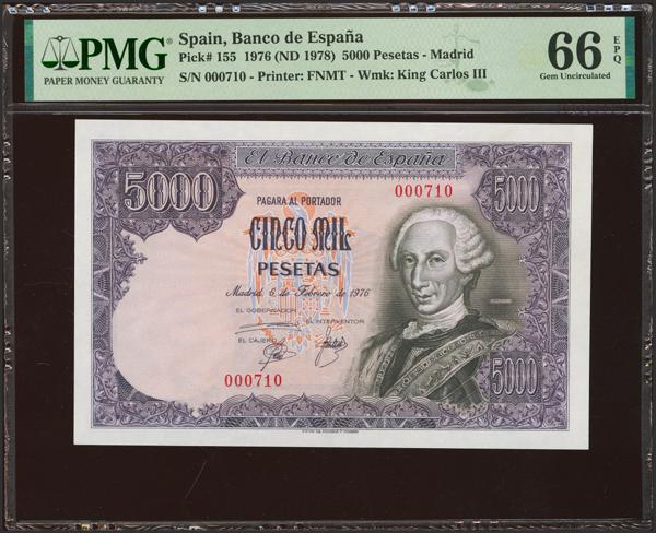 2627 - 5000 Pesetas. 6 de Febrero de 1976. Sin serie y numeración bajísima (Nº000710). (Edifil 2023: 475, Pick: 155). Raro, especialmente en esta excepcional calidad. SC. Encapsulado PMG66EPQ. - 400€
