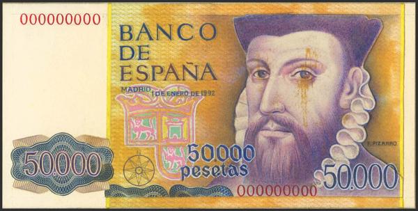 2713 - 50000 Pesetas. 10 de Enero de 1992. Prueba de artista del Banco de España, sobre espectacular carpeta de presentación, elaborada desde el punto de vista artístico artesanalmente y con numeración 000000000. (Edifil 2023: No catalogado, Cobo: No catalogada). Pieza única, y de enorme importancia ya que demuestra el interés real del Banco de España por emitir un billete de altísima denominación, y como no podía ser de otra manera tratándose del año 1992 con motivos del V Centenario del Descubrimiento, en este caso dedicado a Pizarro y a las ruinas de Machu Pichu en Perú. SC. - 3.250€