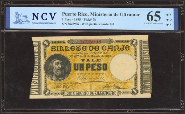2841 - PUERTO RICO. 1 Peso. 17 de Agosto de 1895. (Edifil 2023: 11, Pick: 7b). Muy raro, en esta excepcional calidad. SC. NCV65TQP. - 320€