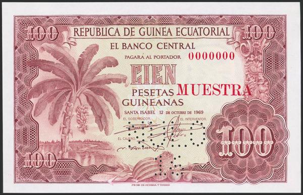 2842 - GUINEA ECUATORIAL. 100 Pesetas. 12 de Octubre de 1969. Sin serie, numeración 0000000, MUESTRA, en rojo y perforación NULO 16. (Edifil 2023: 1). Rarísimo, apresto original. SC. - 375€