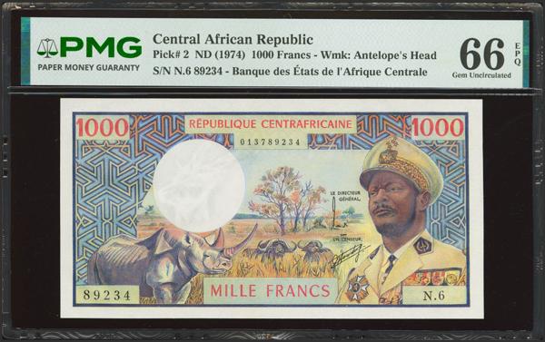168 - CENTRAL AFRICAN REPUBLIC. 1000 Francs. (1974ca). Banque des Etats de l'Afrique Centrale. (Pick: 2). PMG66EPQ. - 450€