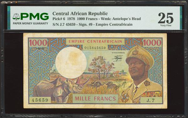 173 - CENTRAL AFRICAN REPUBLIC. 1000 Francs. 1 April 1978. Banque des Etats de l'Afrique Centrale. Empire. (Pick: 6). PMG25. - 230€