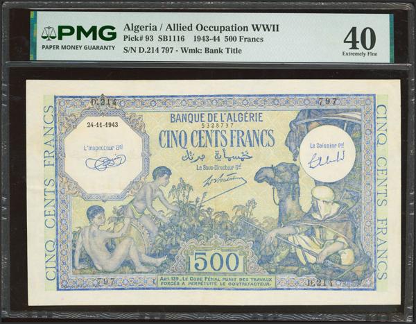 19 - ALGERIA. 500 Francs. 24 November 1943. Banque de l'Algerie. (Pick: 93). PMG40 (small tear). - 290€
