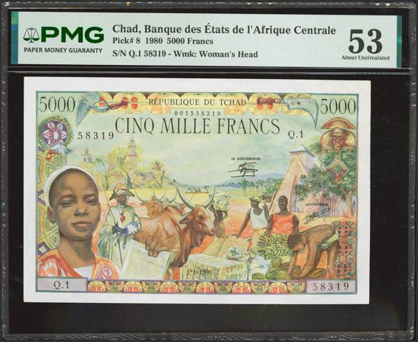 206 - CHAD. 5000 Francs. 1 January 1980. Banque des Etats de l'Afrique Centrale. (Pick: 8). PMG53. - 350€