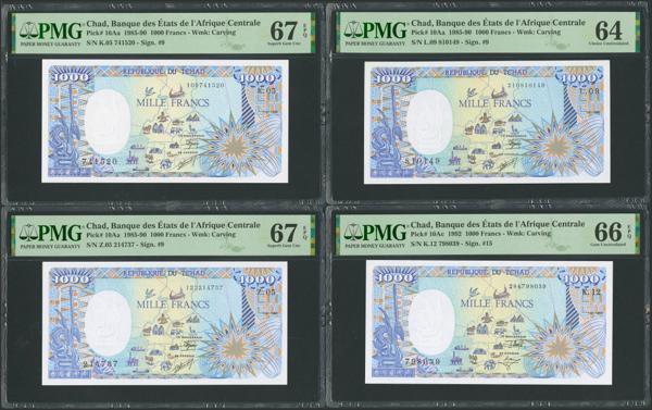 209 - CHAD. Lot of 4 notes of 1000 Francs. January 1 from 1988 to 1992. Banque des Etats de l'Afrique Centrale. Republique du Tchad. (Pick: 10Aa(3), 10Ac). PMG67EPQ(2), 66EPQ, 64. - 250€