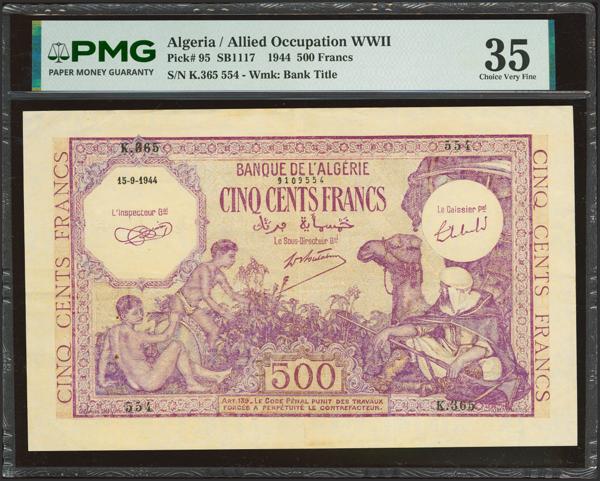 22 - ALGERIA. 500 Francs. 15 September 1944. Banque de l'Algerie. (Pick: 95). PMG35 (pinholes, minor rust). - 290€