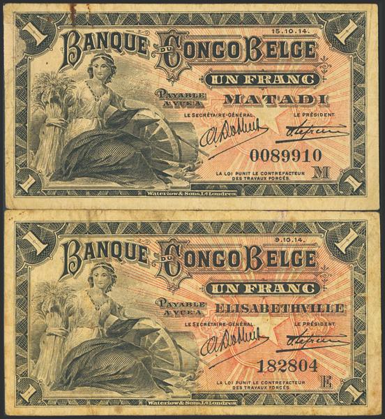 250 - BELGIAN CONGO. Lot of 2 notes of 1 Franc. 15 October 1914 and 9 October 1914. Banque du Congo Belge. Elisabethville and Matadi. (Pick: 3, 3B). Rust, annotations. Very Fine. - 160€