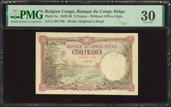 254 - BELGIAN CONGO. 5 Francs. 4 April 1930. Banque du Congo Belge. Without place of issue. (Pick: 8e). PMG30. - 170€