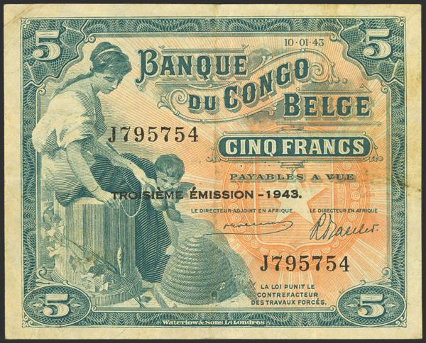259 - BELGIAN CONGO. 5 Francs. 10 January 1943. Banque du Congo Belge. (Pick: 13Aa). Extremely Fine. - 70€