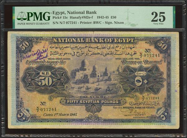 361 - EGYPT. 50 Egyptian Pounds. 1 March 1945. National Bank. Signature of Nixon. (Pick: 15c). PMG25 (annotations, rust). - 290€
