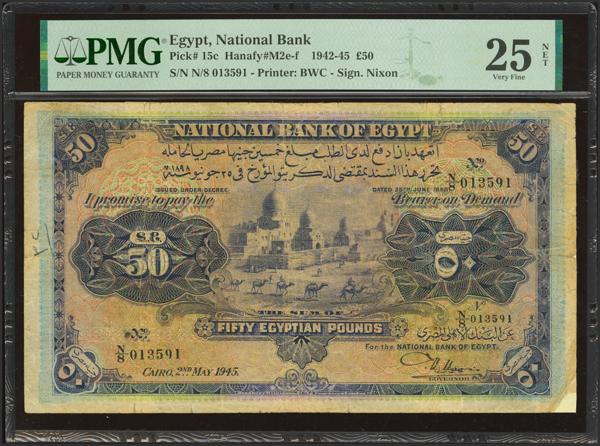 362 - EGYPT. 50 Egyptian Pounds. 2 May 1945. National Bank. Signature of Nixon. (Pick: 15c). PMG25NET (repaired, annotation). - 290€