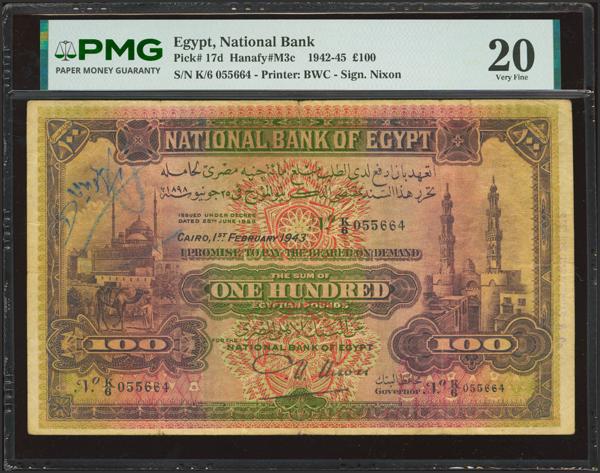 364 - EGYPT. 100 Egyptian Pounds. 1 February 1943. National Bank. Signature of Nixon. (Pick: 17d). PMG20 (annotations). - 290€
