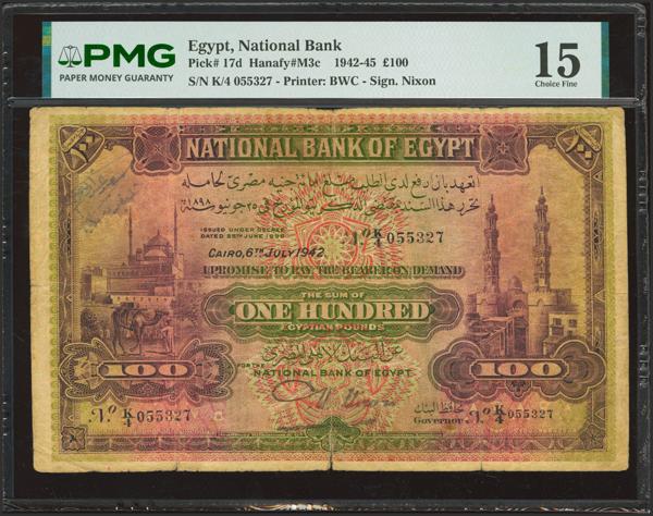 365 - EGYPT. 100 Egyptian Pounds. 6 July 1942. National Bank. Signature of Nixon. (Pick: 17d). PMG15 (tear, annotations). - 250€