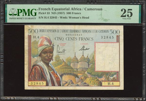521 - FRENCH EQUATORIAL AFRICA. 500 Francs. (1957ca). Institut d'Emission de l'Afrique Equatoriale Francaise et du Cameroun. (Pick: 33). PMG25 (small split). - 200€