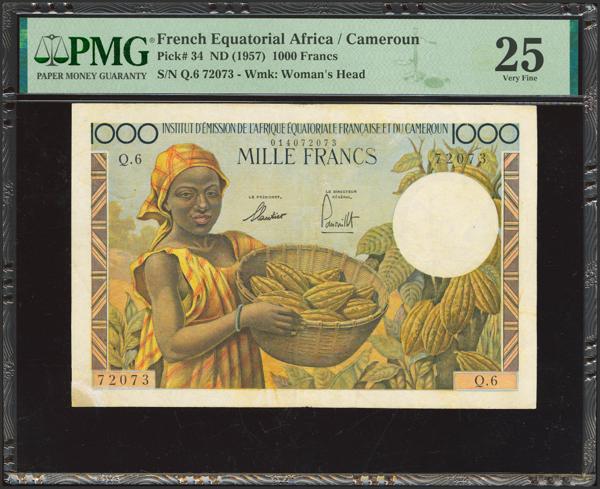 522 - FRENCH EQUATORIAL AFRICA. 1000 Francs. (1957ca). Institut d'Emission de l'Afrique Equatoriale Francaise et du Cameroun. (Pick: 34). PMG25 (corner repair, stains lightened). - 200€