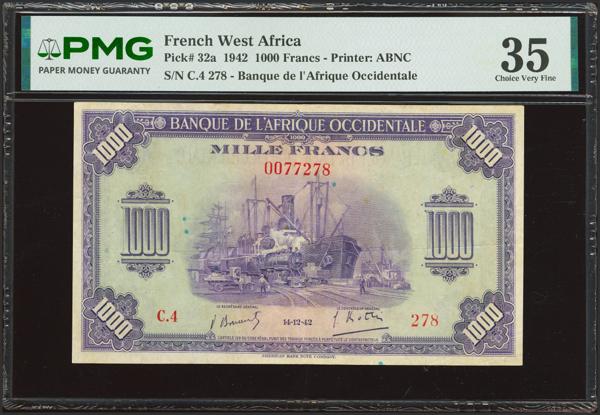560 - FRENCH WEST AFRICA. 1000 Francs. 14 December 1942. Banque de l'Afrique Occidentale. (Pick: 32). PMG35 (pinholes). - 1.000€