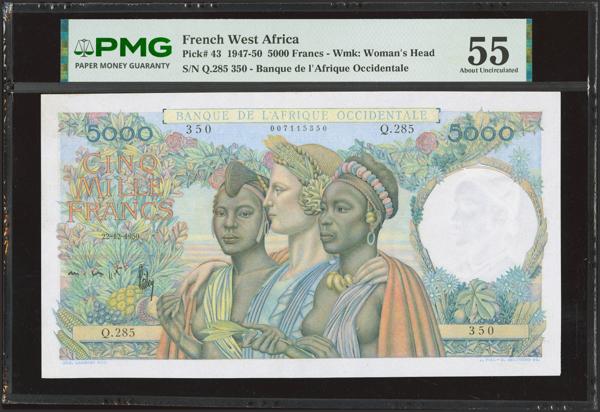 584 - FRENCH WEST AFRICA. 5000 Francs. 22 December 1950. Banque de l'Afrique Occidentale. Signatures of Coppett and Poilay. (Pick: 43). PMG55. - 420€