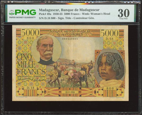 699 - MADAGASCAR. 5000 Francs. 30 June 1950. Banque de Madagascar et des Comores. (Pick: 49a). PMG30 (pinholes). - 300€