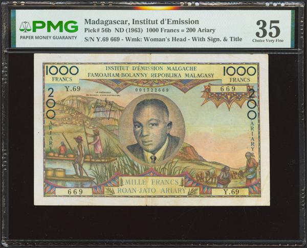 703 - MADAGASCAR. 1000 Francs. (1963ca). Institut d'Emission Malgache. (Pick: 56b). PMG35 (pinholes). - 300€