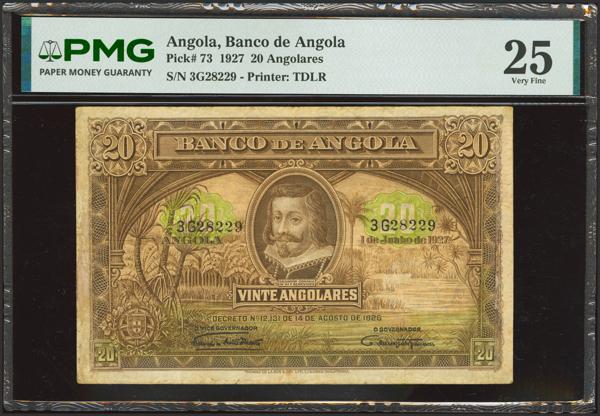 83 - ANGOLA. 20 Angolares. 1 June 1927. Banco de Angola. (Pick: 73). PMG25 (mounted remants attached). - 390€